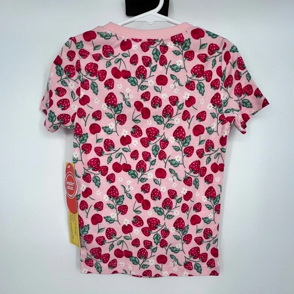 Pink‎ Strawberry Cherry Print Pajamas Girls 5T Snug Fit 2pc Set Springtime Cute